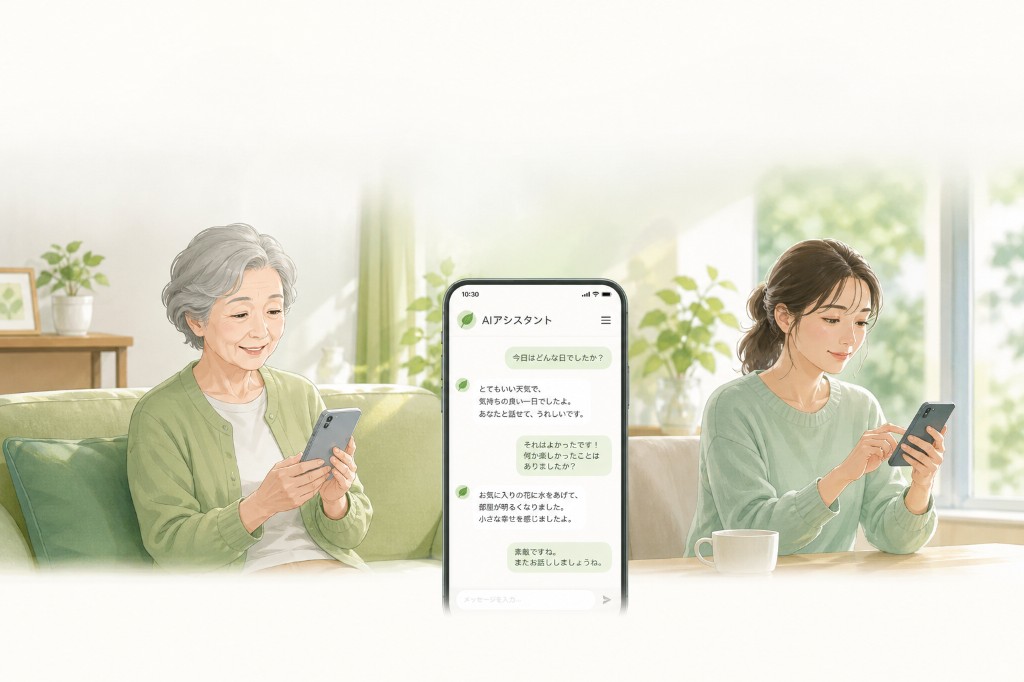 ご高齢者とご家族がAIアシスタントの会話でつながるイメージ